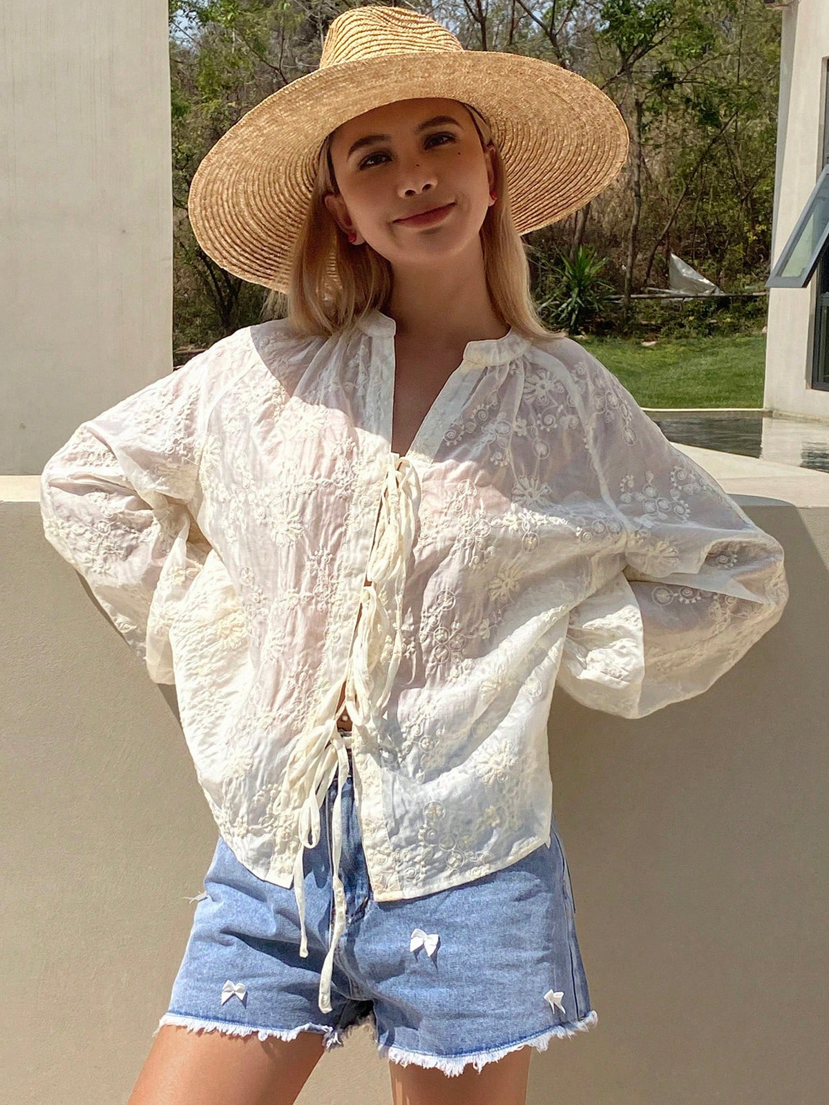 DAZY Women's Solid Color Jacquard Fabric Casual Vacation Summer Loose Top With Bow Tie