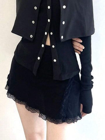 DAZY Women's Solid Color Lace Patchwork Mini Skirt