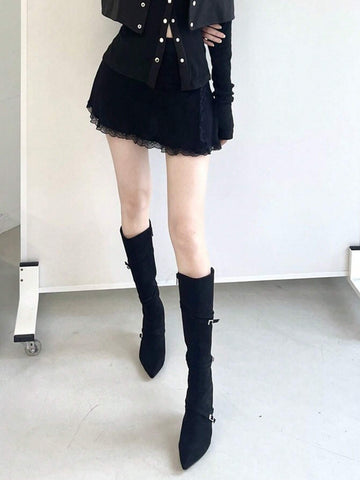 DAZY Women's Solid Color Lace Patchwork Mini Skirt