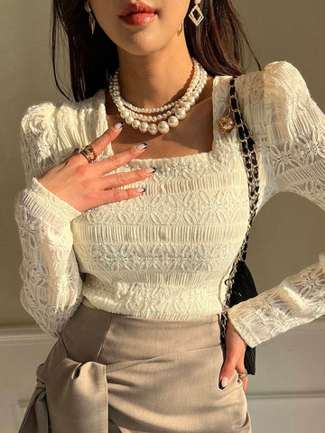 DAZY Women's Solid Color Lace Square Neck Puff Sleeve Long Sleeve T-Shirt