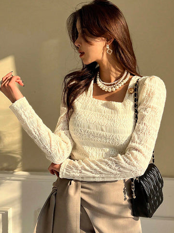 DAZY Women's Solid Color Lace Square Neck Puff Sleeve Long Sleeve T-Shirt