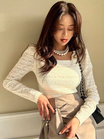 DAZY Women's Solid Color Lace Square Neck Puff Sleeve Long Sleeve T-Shirt