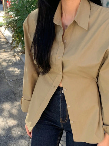 DAZY Women's Solid Color Lapel Button Design Waist Shirt