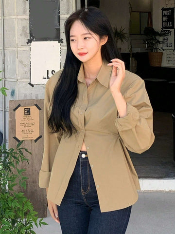 DAZY Women's Solid Color Lapel Button Design Waist Shirt