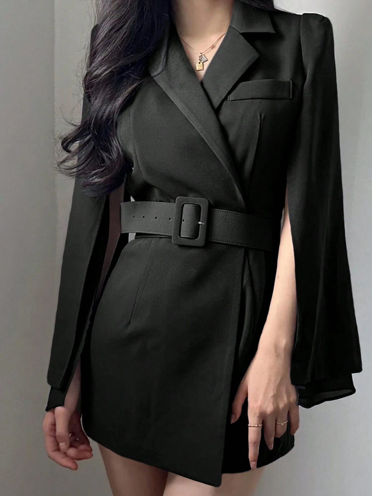 DAZY Women's Solid Color Lapel Collar Cloak Sleeve Buckle Belted Short Dress, Suitable For Spring & Autumn