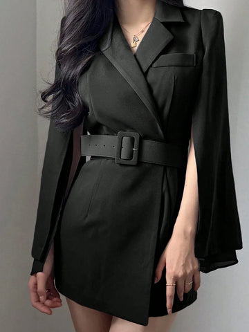 DAZY Women's Solid Color Lapel Collar Cloak Sleeve Buckle Belted Short Dress, Suitable For Spring & Autumn