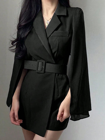 DAZY Women's Solid Color Lapel Collar Cloak Sleeve Buckle Belted Short Dress, Suitable For Spring & Autumn