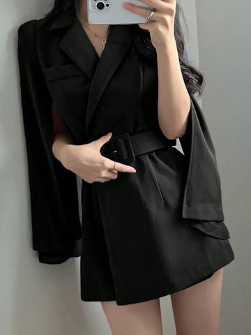 DAZY Women's Solid Color Lapel Collar Cloak Sleeve Buckle Belted Short Dress, Suitable For Spring & Autumn
