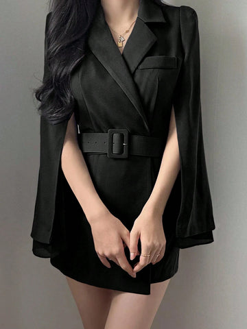 DAZY Women's Solid Color Lapel Collar Cloak Sleeve Buckle Belted Short Dress, Suitable For Spring & Autumn