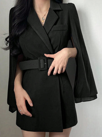 DAZY Women's Solid Color Lapel Collar Cloak Sleeve Buckle Belted Short Dress, Suitable For Spring & Autumn