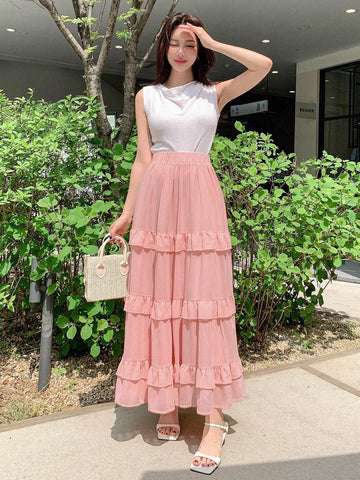 DAZY Women's Solid Color Layered Summer Casual Skirt