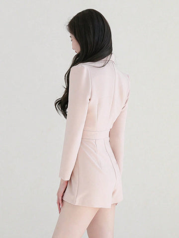 DAZY Women's Solid Color Long Sleeve Jumpsuit With Contrast Color Collar And Shorts