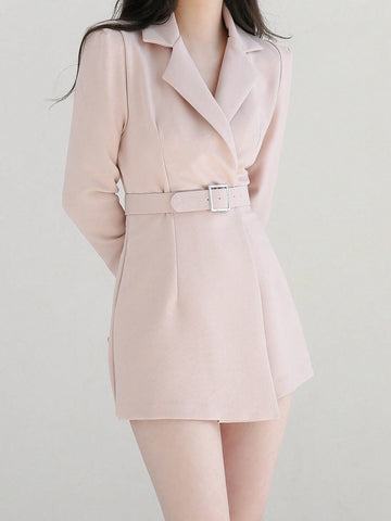 DAZY Women's Solid Color Long Sleeve Jumpsuit With Contrast Color Collar And Shorts