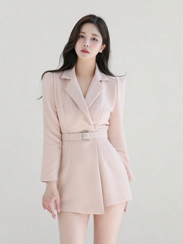 DAZY Women's Solid Color Long Sleeve Jumpsuit With Contrast Color Collar And Shorts