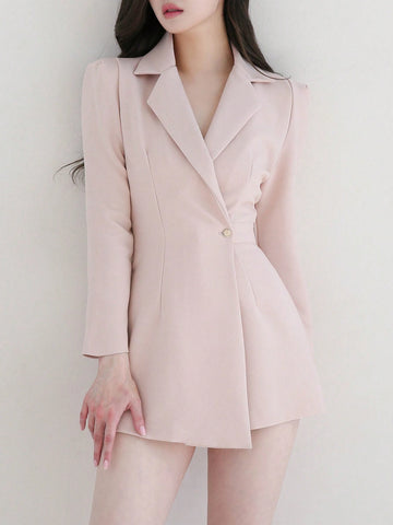 DAZY Women's Solid Color Long Sleeve Jumpsuit With Contrast Color Collar And Shorts