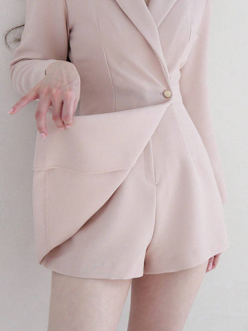 DAZY Women's Solid Color Long Sleeve Jumpsuit With Contrast Color Collar And Shorts