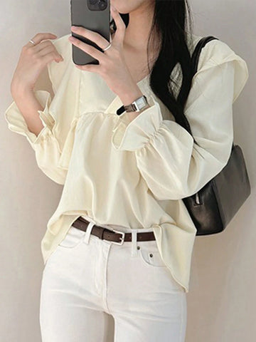 DAZY Women's Solid Color Long Sleeve V-Neck Ruffle Trim Loose Blouse, Autumn