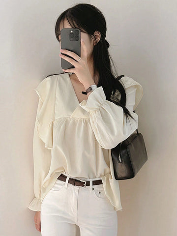 DAZY Women's Solid Color Long Sleeve V-Neck Ruffle Trim Loose Blouse, Autumn