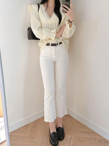 DAZY Women's Solid Color Long Sleeve V-Neck Ruffle Trim Loose Blouse, Autumn