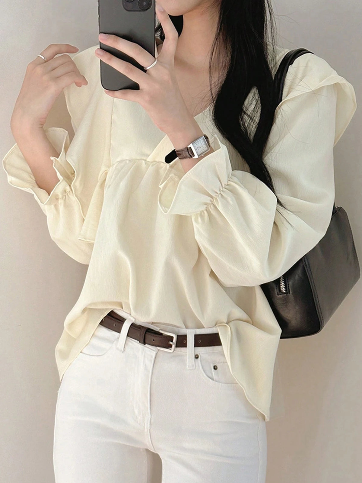 DAZY Women's Solid Color Long Sleeve V-Neck Ruffle Trim Loose Blouse, Autumn