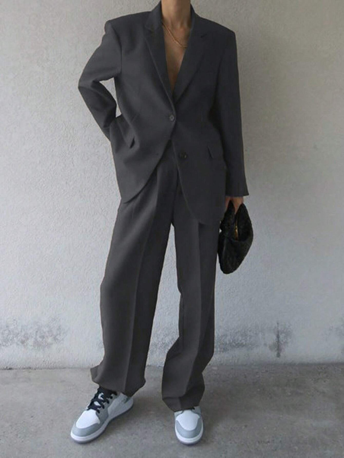 DAZY Women's Solid Color Notched Collar Long Sleeve Casual Suit Jacket & Pants Set, Autumn