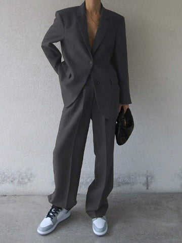 DAZY Women's Solid Color Notched Collar Long Sleeve Casual Suit Jacket & Pants Set, Autumn