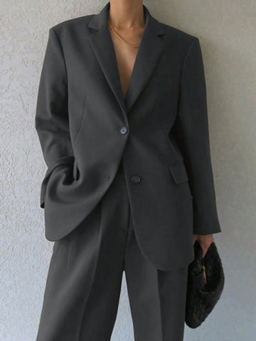DAZY Women's Solid Color Notched Collar Long Sleeve Casual Suit Jacket & Pants Set, Autumn