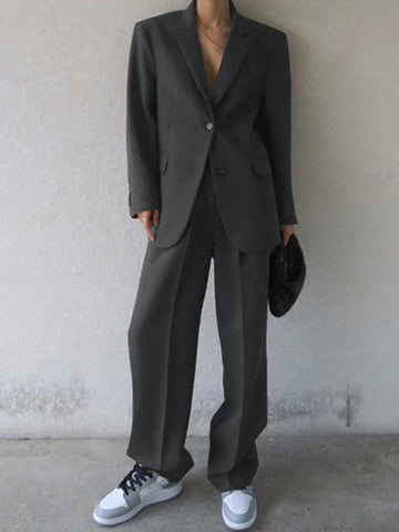 DAZY Women's Solid Color Notched Collar Long Sleeve Casual Suit Jacket & Pants Set, Autumn