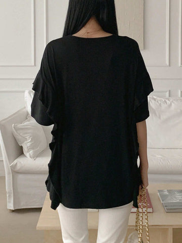 Women's Solid Color Notched V-Neck Ruffle Hem Short Sleeve Casual T-Shirt For Spring/Summer