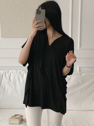 Women's Solid Color Notched V-Neck Ruffle Hem Short Sleeve Casual T-Shirt For Spring/Summer