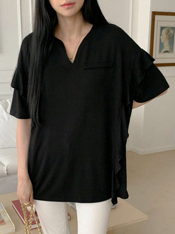 Women's Solid Color Notched V-Neck Ruffle Hem Short Sleeve Casual T-Shirt For Spring/Summer