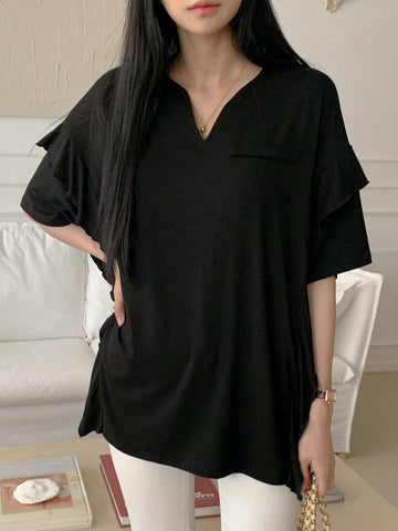 Women's Solid Color Notched V-Neck Ruffle Hem Short Sleeve Casual T-Shirt For Spring/Summer