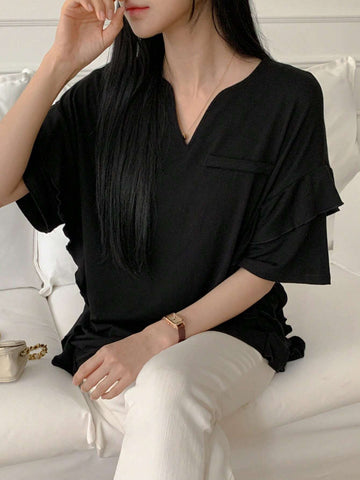 Women's Solid Color Notched V-Neck Ruffle Hem Short Sleeve Casual T-Shirt For Spring/Summer