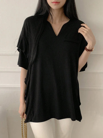 Women's Solid Color Notched V-Neck Ruffle Hem Short Sleeve Casual T-Shirt For Spring/Summer
