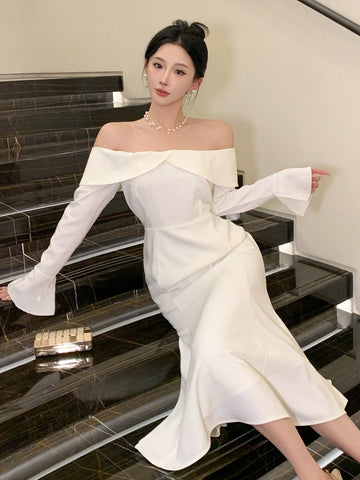 DAZY Women's Solid Color Off-Shoulder Long Sleeve Elegant Dress