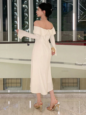 DAZY Women's Solid Color Off-Shoulder Long Sleeve Elegant Dress