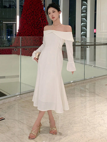 DAZY Women's Solid Color Off-Shoulder Long Sleeve Elegant Dress
