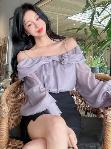 DAZY Women's Solid Color Off Shoulder Long Sleeve Loose Floral Casual Elegant Blouse