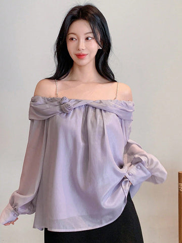 DAZY Women's Solid Color Off Shoulder Long Sleeve Loose Floral Casual Elegant Blouse