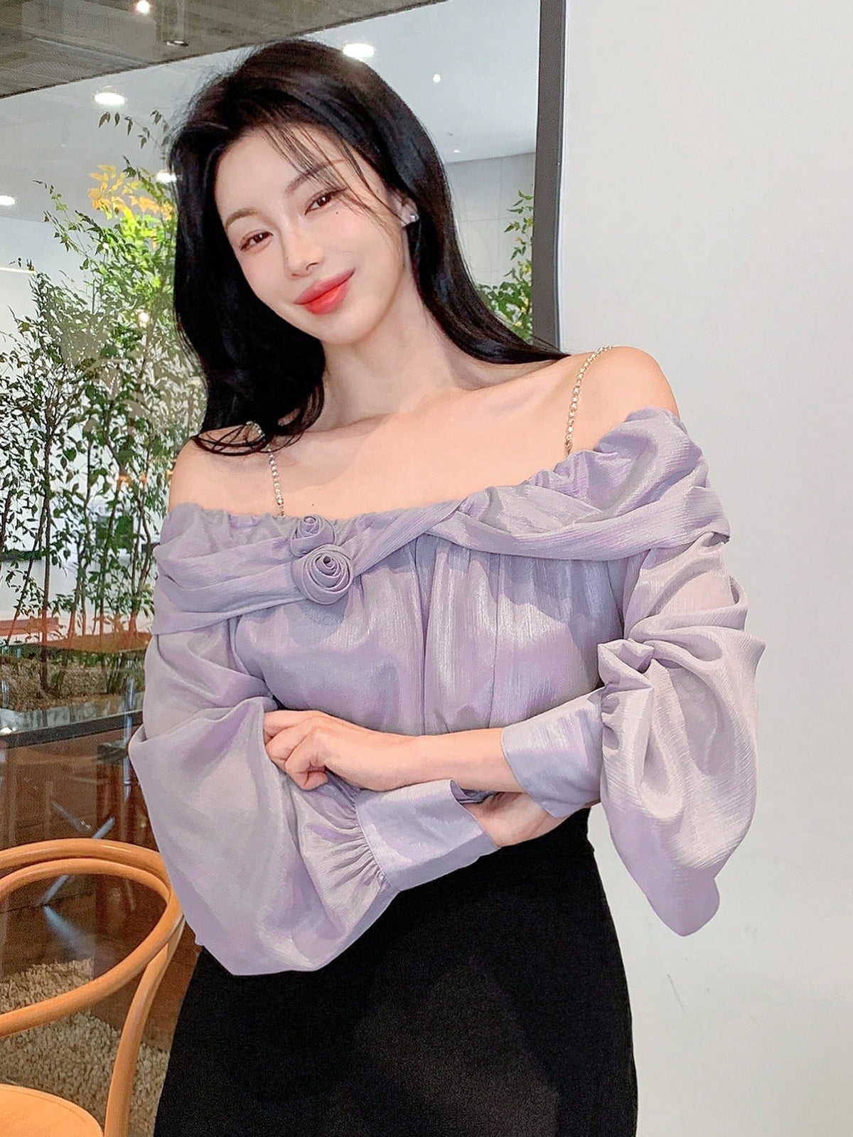 DAZY Women's Solid Color Off Shoulder Long Sleeve Loose Floral Casual Elegant Blouse