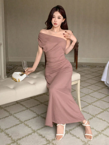 DAZY Women's Solid Color One Shoulder Ruffle Top Elastic Bodycon Skirt Two-Piece Set