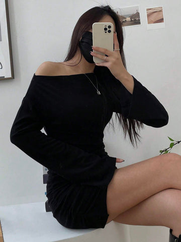 DAZY Women's Solid Color Open Shoulder Bodycon Mini Dress