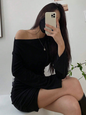 DAZY Women's Solid Color Open Shoulder Bodycon Mini Dress