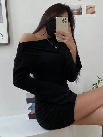 DAZY Women's Solid Color Open Shoulder Bodycon Mini Dress
