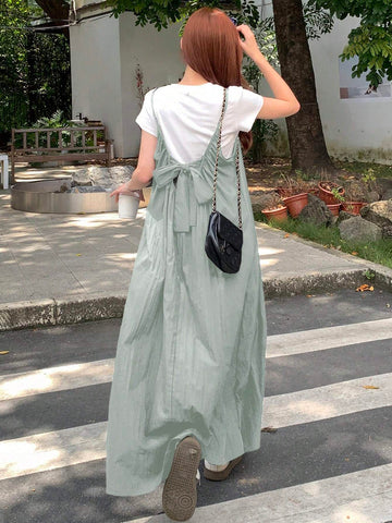 DAZY Women's Solid Color Pleated Adjustable Spaghetti Strap Loose Long Casual Dress