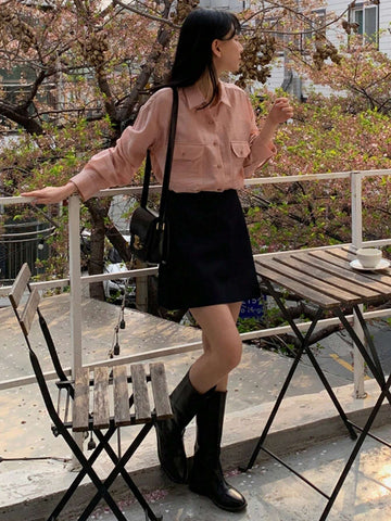 DAZY Women's Solid Color Pocket Turndown Collar Shirt, Autumn