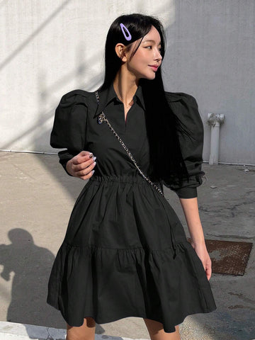 DAZY Women's Solid Color Puff Sleeve Ruffle Hem Casual Shirt Dress, Spring Summer