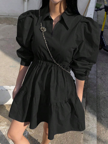 DAZY Women's Solid Color Puff Sleeve Ruffle Hem Casual Shirt Dress, Spring Summer