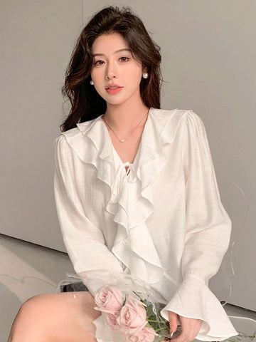 DAZY Women's Solid Color Relaxed Fit Bell Sleeve Shirt With Ruffle Hem And Tie Waist