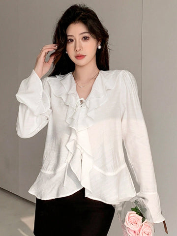 DAZY Women's Solid Color Relaxed Fit Bell Sleeve Shirt With Ruffle Hem And Tie Waist